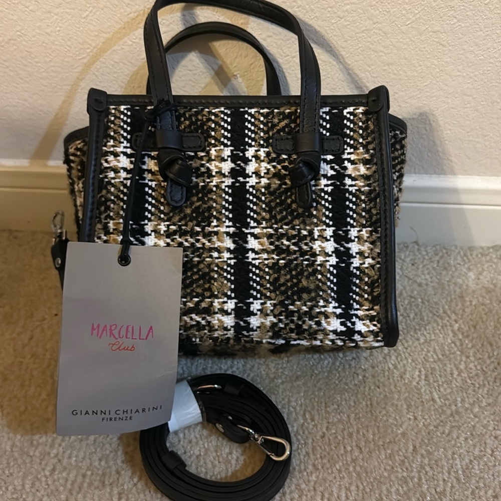 NWT Gianni Chiarini tweed small tote in black/tan, detachable adjustable strap